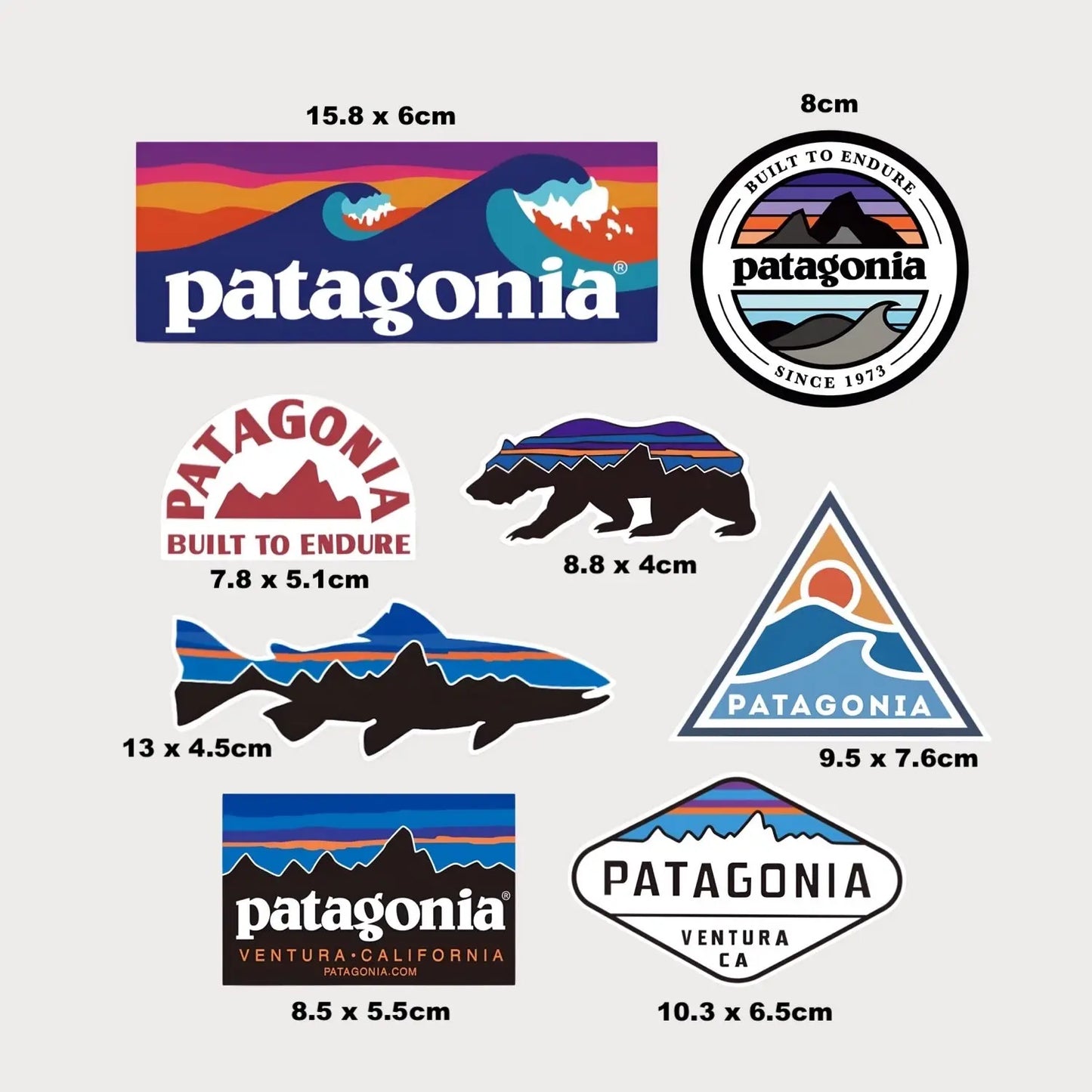 Lot de 8 Stickers Autocollants Patagonia Ventura Vinyle Waterproof Patchattaq